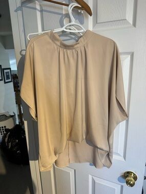 Amazon Women’s Beige Short-Sleeve Blouse with Gathered Neckline